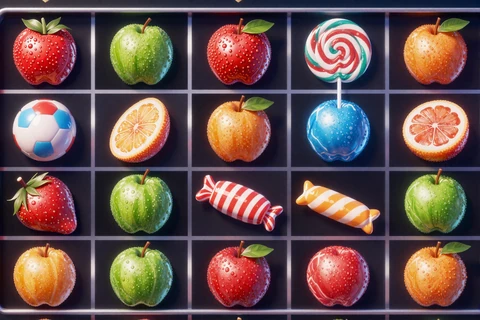 Sweet Bonanza Slot Thumbnail mit bunten Fr&uuml;chten und Bonbons von Pragmatic Play