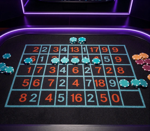 Roulette-Tableau von oben mit nummeriertem Raster und leuchtenden cyan Chips auf Zahlen