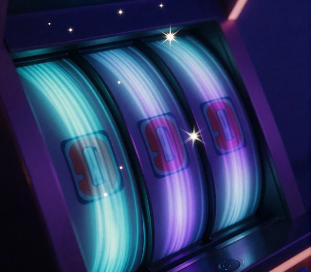 Leuchtende Slot Walze in Bewegung mit cyan und violetten Lichtspuren f&uuml;r Freispiele