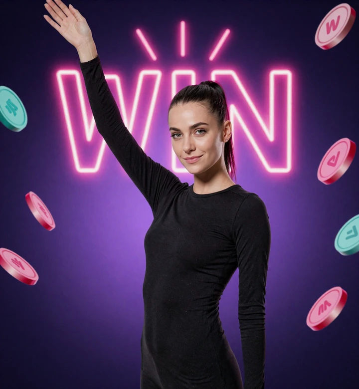 GambleZen Model in Jubelpose mit magenta neon WIN Blitz f&uuml;r Casino Bonus ohne Einzahlung