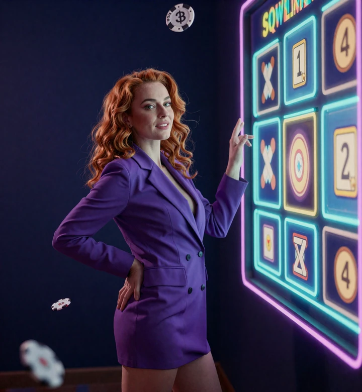 Model mit floating neon Slot Symbolen und leuchtenden Automatenspiele Thumbnails im GambleZen Jackpot Casino