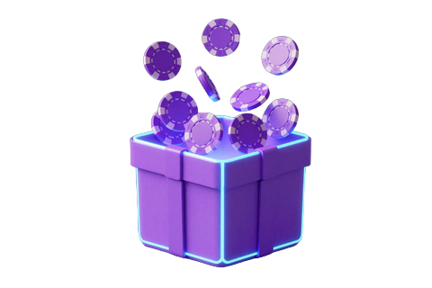 Leuchtende Geschenkbox mit violetten M&uuml;nzen als Match-Bonus im Online Casino