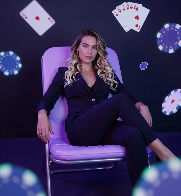 GambleZen Model in entspannter Pose umgeben von neon Chips und Karten im Online Casino